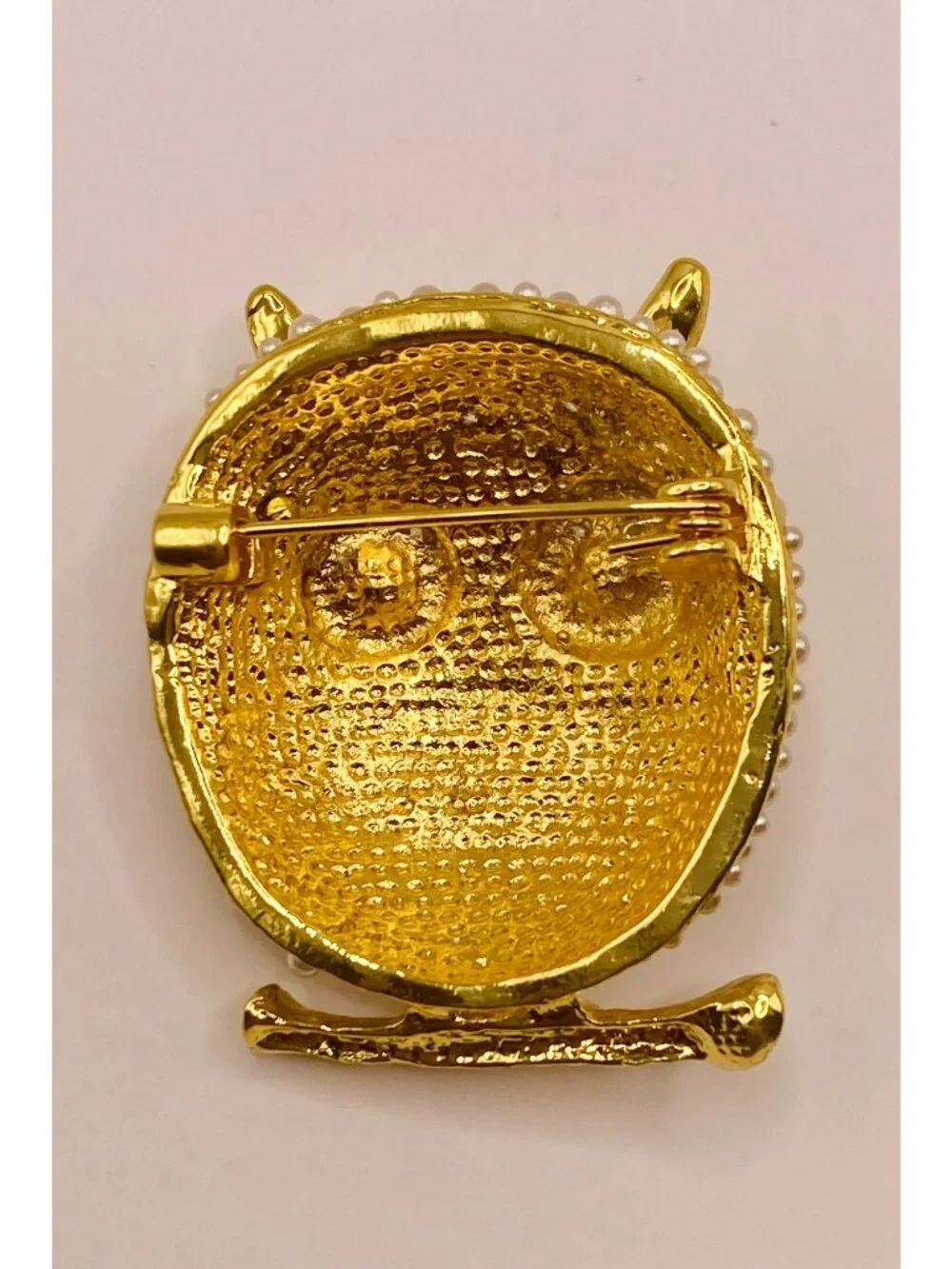 New Gold Tone Owl Brooch Faux Pearl Beads & Black Rhinestone Eyes -53B